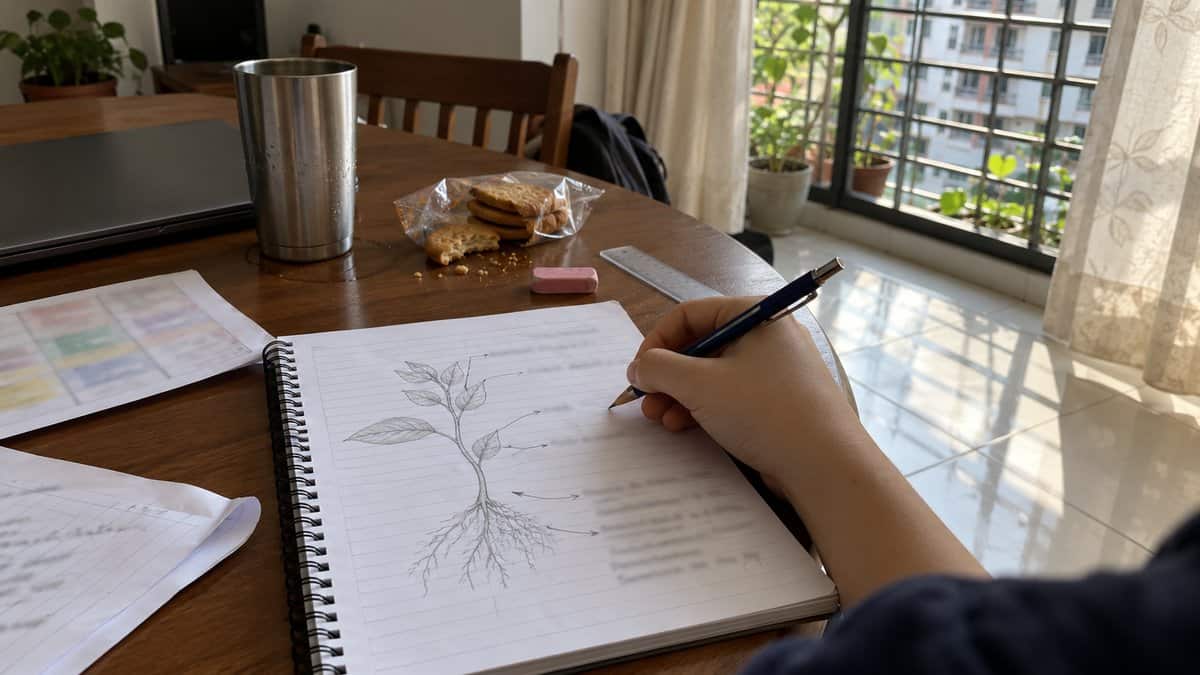A hand holds a pencil over an exercise book with a hand-drawn plant diagram, beside a ruler, eraser and water tumbler on a dining table.